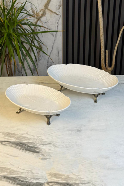 MAY HOME 2-Piece Porcelain Boat-Shaped Presentation Plate & Oval Appetizer Dish with Metal Legs