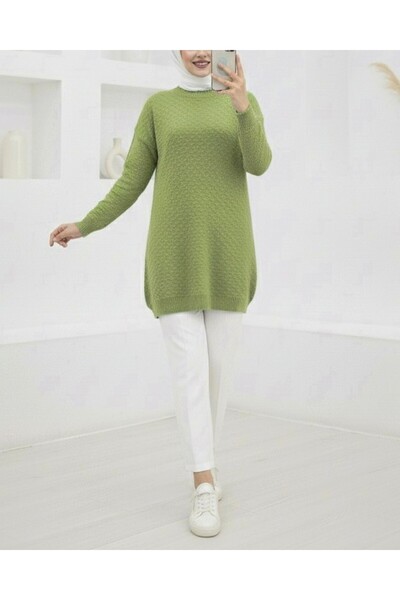 Modamorfo Round Neck Embossed Pattern Sleeve Elastic Knit Tunic -A.Green