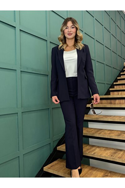 AYHAN Women's Pocket Detailed, Single Button Front, Fitted Waist Blazer Jacket-Pants Set