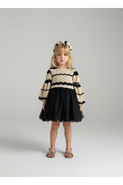 Magu Girl's Cotton Knitwear Patterned Balloon Sleeve Black Tulle Skirt Dress