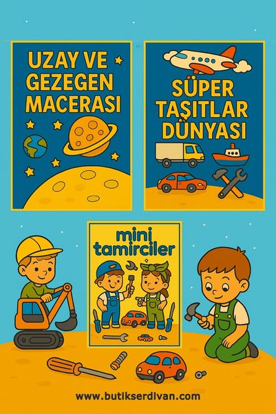 Butik Serdivan Special Coloring Book and Activity Book for Boys (48 Pages Vehicles, Repairmen, Space Themed)