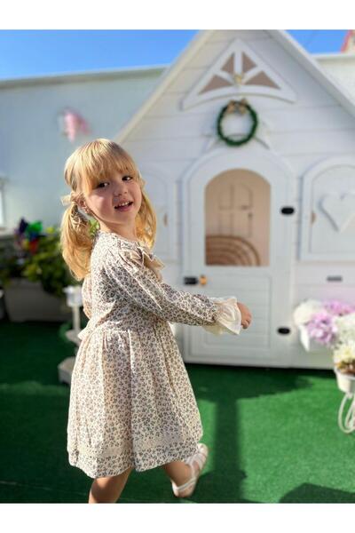 Magu Girls' Floral Print Ruffle Detail Long Sleeve Cotton Dress - Beige