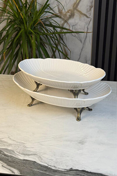 MAY HOME 2-Piece Porcelain Boat-Shaped Presentation Plate & Oval Appetizer Dish with Metal Legs