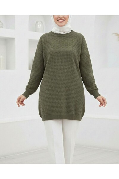 Modamorfo Round Neck Embossed Pattern Sleeve Elastic Knit Tunic - Khaki