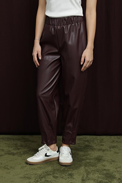 Puane Women's Leather Trousers with Leg Detail - 18270Pnt - Burgundy
