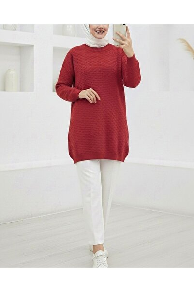 Modamorfo Round Neck Embossed Pattern Sleeve Elastic Knitwear Tunic -Pomegranate Flower