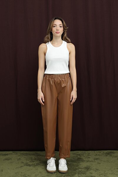 Puane Women's Leather Trousers with Leg Detail - 18270Pnt - Taba