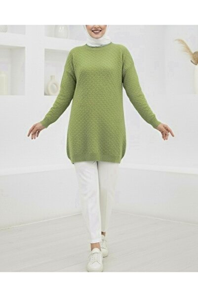 Modamorfo Round Neck Embossed Pattern Sleeve Elastic Knit Tunic -A.Green