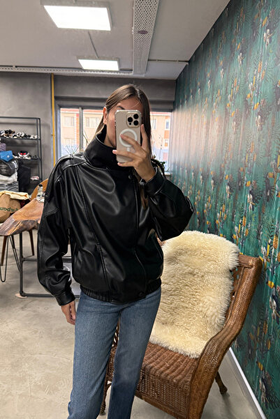 5in1Canpolat Black Stand Collar Bomber Jacket