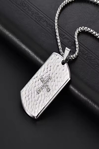 OEM Men's necklace, silver plate with transparent rhinestones in the shape of a stainless steel cross