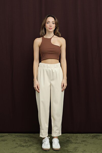 Puane Women's Leather Trousers with Leg Detail - 18270Pnt - Beige