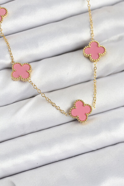 Clariss 316L Steel Chain Gold Pink Color Clover Women Necklace