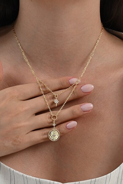 Söğütlü Silver 925 ayar gümüş altın yaldızlı zirkon taşlı pusula yıldızı gümüş kolye SGTL13093GOLD