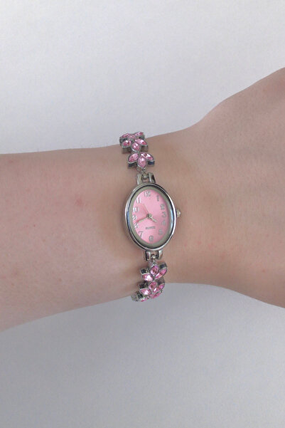 captiva Minimal Pink Stone Oval Dial Floral Wristwatch