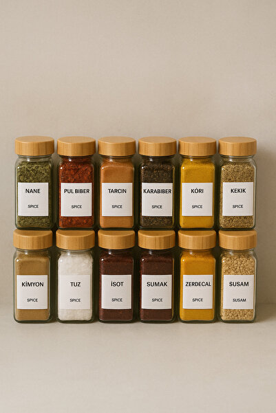 daimahome 12'li Bambu Kapaklı Baharatlık Seti (16 Adet Etiket )