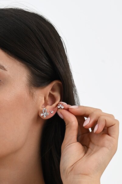 Söğütlü Silver Gümüş rodyumlu zirkon taşlı incili kelebekler kombin küpe SGTL13031RODAJ