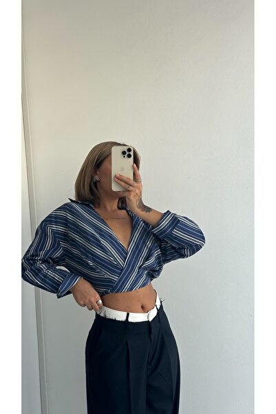 GAYA Kadın Lacivert Çizgili Kruvaze Crop Gömlek