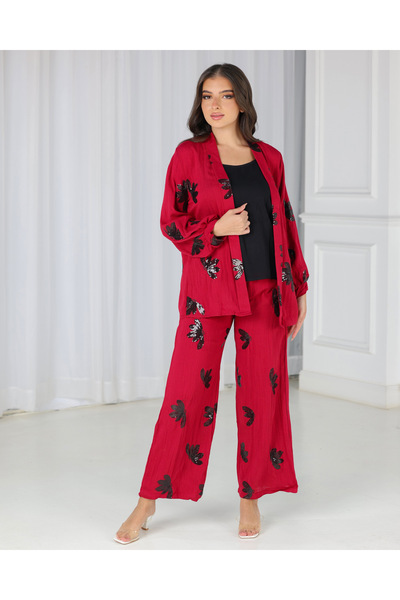 Elegant Two-piece red linen set with sequins