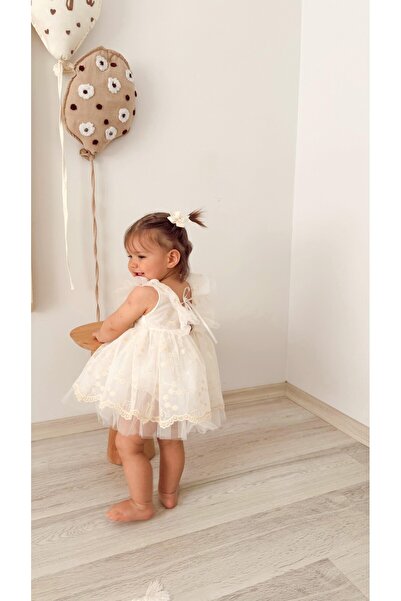 PİTABABY Krem Dantelli Tül Bebek Elbise ve Saç Bandı Takımı 3-6 Ay & 12-18 Ay Özel Gün, Doğum Günü