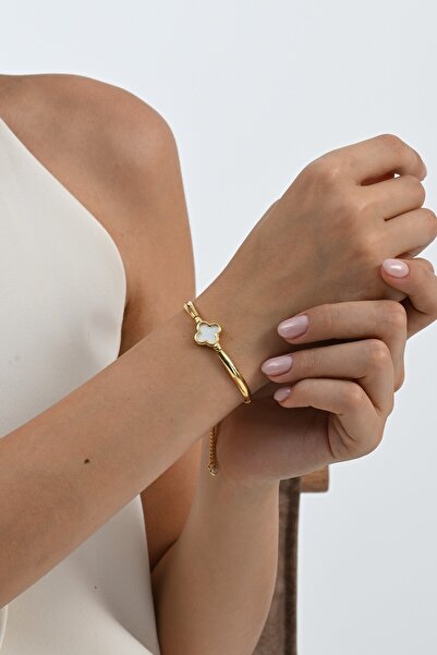 Söğütlü Silver 925 ayar gümüş altın yaldızlı sedefli yonca modeli asansörlü b...