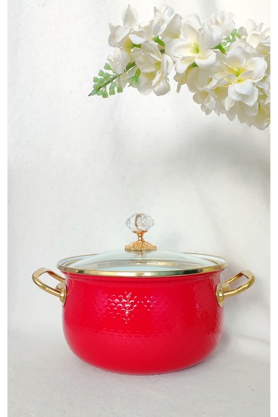 EBRULİEMAYE Red Embossed Enamel Lux Pot 3 Liters 20 cm Diameter Milk Yogurt Soup Pot
