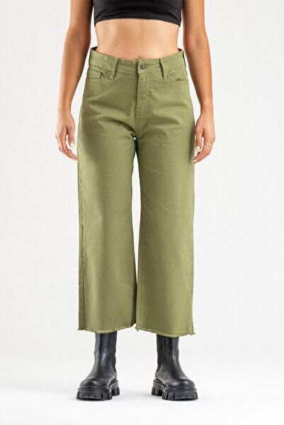 Bold & Young Women's Wide Leg Five Pocket Leg Fringed Lycra Cotton Trousers