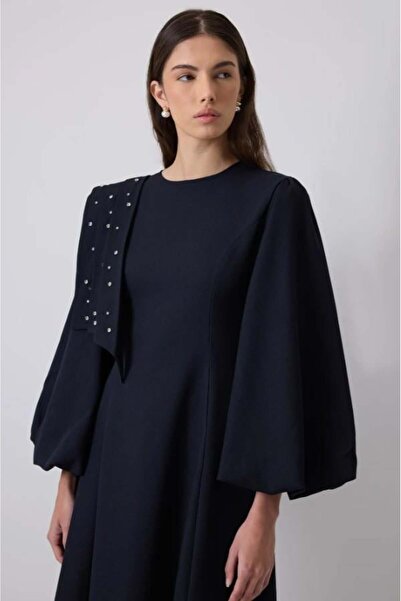 Touche Taş İşlemeli Balon Kollu Elbise Lacivert