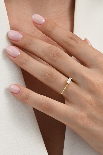 Söğütlü Silver Gümüş altın yaldızlı baget kesim zirkon taşlı geometrik yüzük