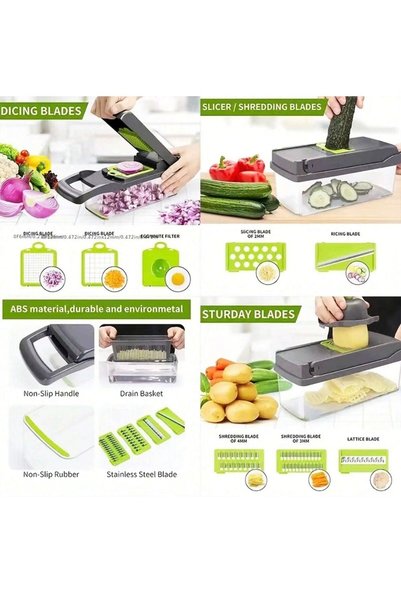 OEM Razatoare multifunctionala pentru legume si fructe, maruntit, feliat, 14 piese, verde, lame din inox
