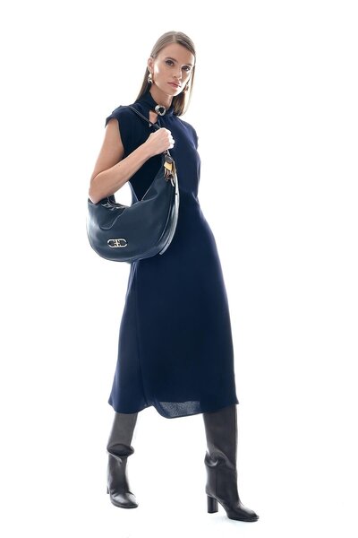 EXPLOSION Yaka Detaylı Kısa Kollu Şık Midi Elbise