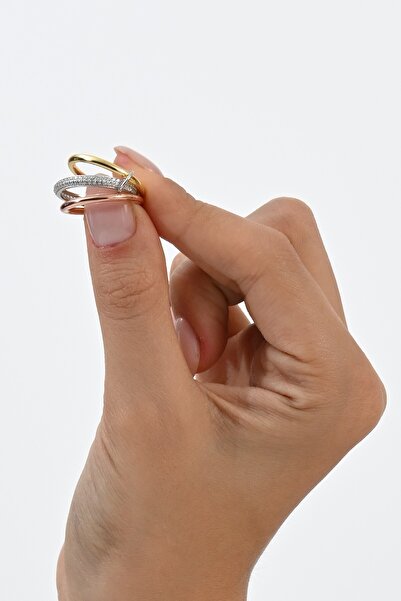 Söğütlü Silver Gümüş altın, rose ve rodyumlu italyan model üç halkalı tasarım yüzük