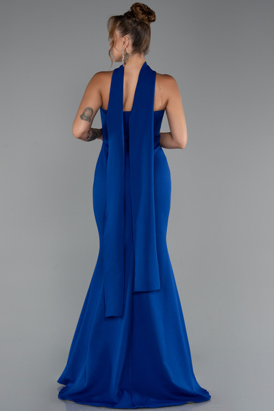 Abiyefon Saks Mavi Straplez Şallı Uzun Balık Abiye Elbise ABU5282