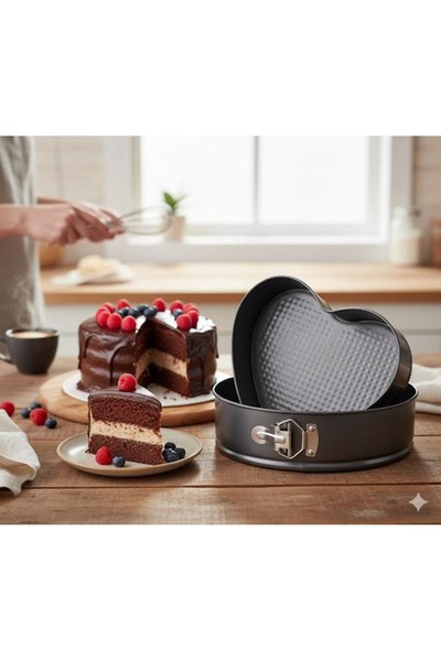 Generic 3'lü Kek Kalıbı Seti- Kalp, Kare ve Yuvarlak Şekilli Kelepçeli Tasarım