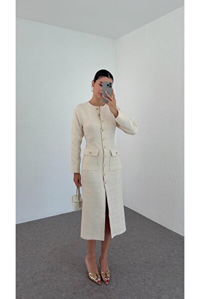 HAZELANNA فستان من قماش التويد بلون إكرو مع أزرار نحاسية