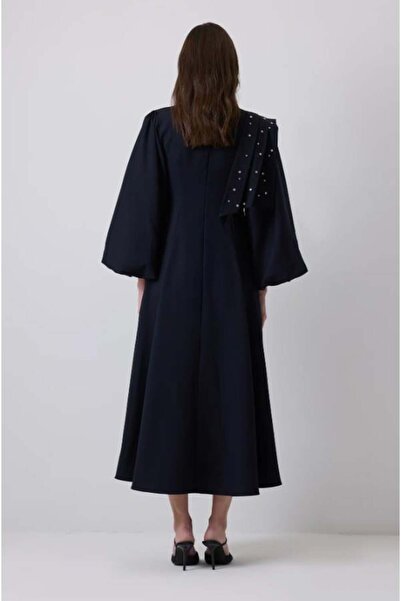 Touche Taş İşlemeli Balon Kollu Elbise Lacivert