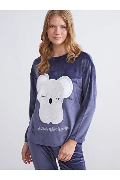 LC Waikiki Lcw Young Purple Crew Neck Embroidered Long Sleeve Velvet Women's Pajama Set