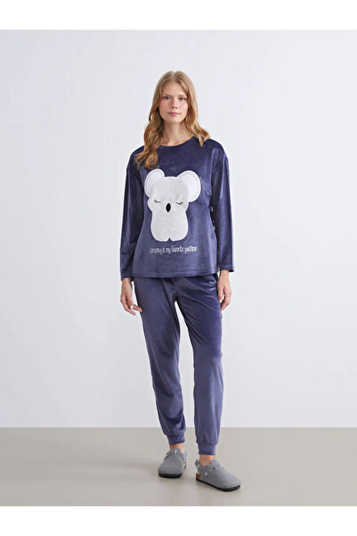 LC Waikiki Lcw Young Purple Crew Neck Embroidered Long Sleeve Velvet Women's Pajama Set