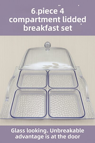 Mustran 6 Piece 4 Compartment Breakfast Set with Lid |   Unbreakable Acrylic Dowry Box with Glass Look
