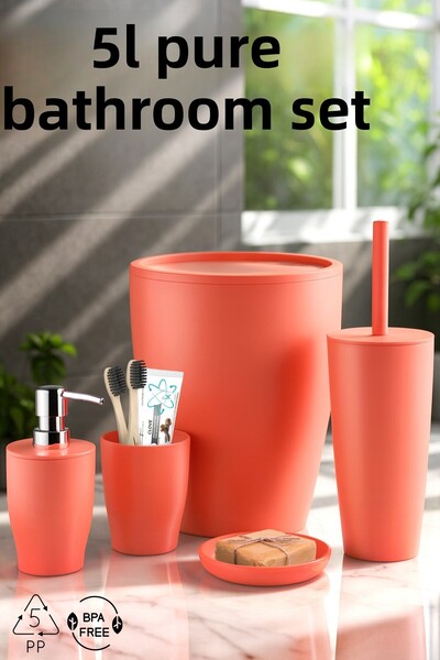 Nandy Home Pure 5 Piece Bathroom Set - Trash Can, Toilet Brush, Liquid Soap Dispenser, Toothbrush Holder, Soap Dish