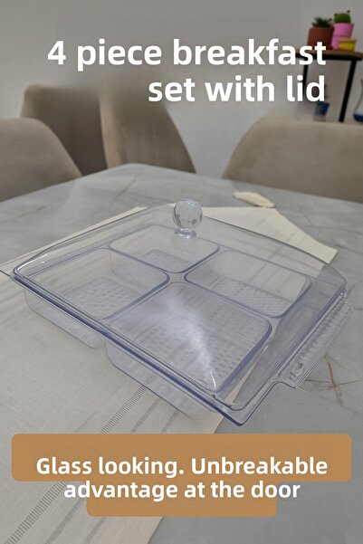 Mustran 6 Piece 4 Compartment Breakfast Set with Lid |   Unbreakable Acrylic Dowry Box with Glass Look