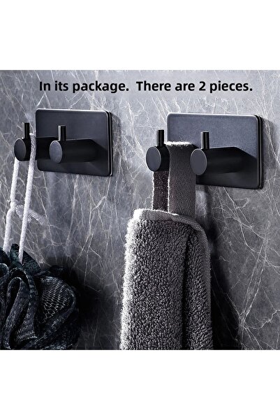 ardini Adhesive Rectangular Stick with 2 Hooks, Matte Black, 2 Pieces in a Package