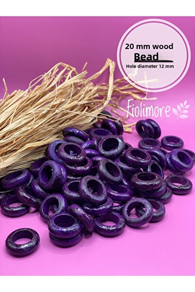 Fiolimore 20 ملم خرز خشبي مسطح أرجواني (50 جرام 65 قطعة) قطر الفتحة 12 ملم تص...