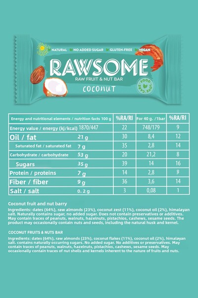 Rawsome لوح فواكه نباتي خالي من الغلوتين مع جوز الهند - 40 جم × 16 قطعة