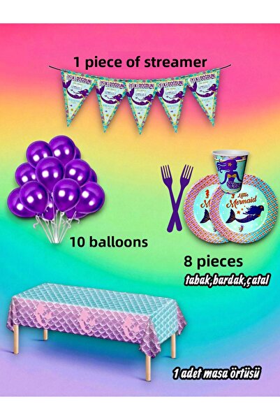 partylady مجموعة صغيرة بتصميم حورية البحر تتسع لـ 8 أشخاص - لحفلات أعياد المي...