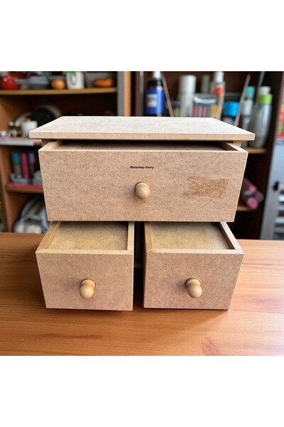 Atölye Kiraz Raw Wooden Jewelry Box | Three Drawer Decorative Box | 23X17X17 cm