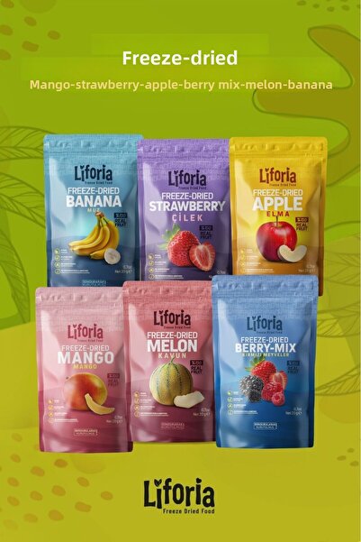 Liforia 6 عبوات من الفواكه المجمدة - وجبة خفيفة صحية - مزيج الموز والتفاح والفراولة والمانجو والتوت والبطيخ