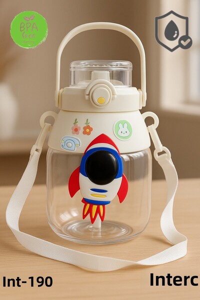 İnterlife Astronaut Children's Water Bottle with Apparatus, Safe, Leak-Proof, Durable, with Strap, Surprise Sticker, School Water Bottle, 4 Colors