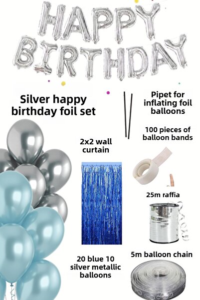 Baloncu Nene Happy Birthday Foil Set Blue Silver Balloon Party Birthday Decoration Set