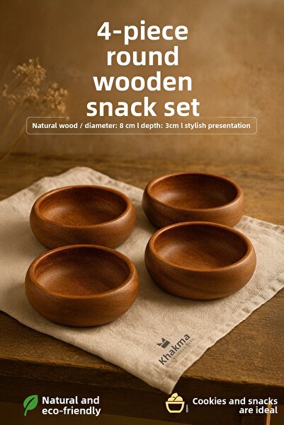 KHAKMA Wooden Round Bowl Set of 4 – Natural Presentation Plate |   8 cm |   Stylish and Functional Design