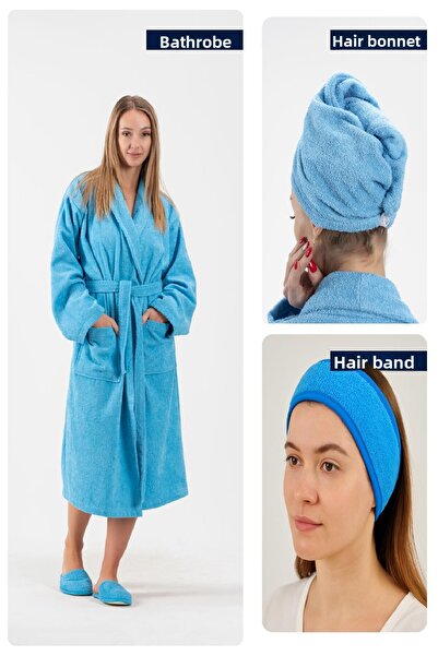 Ender Home Cottonverse 3-Piece Bathrobe Set - 100% Cotton Bathrobe, Hair Cap, Headband Unisex